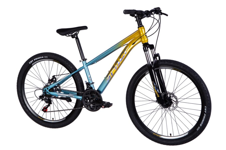 Bicicletă montană cu cadru albastru și galben