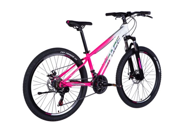 Bicicletă mountain bike roz și alb, design modern.