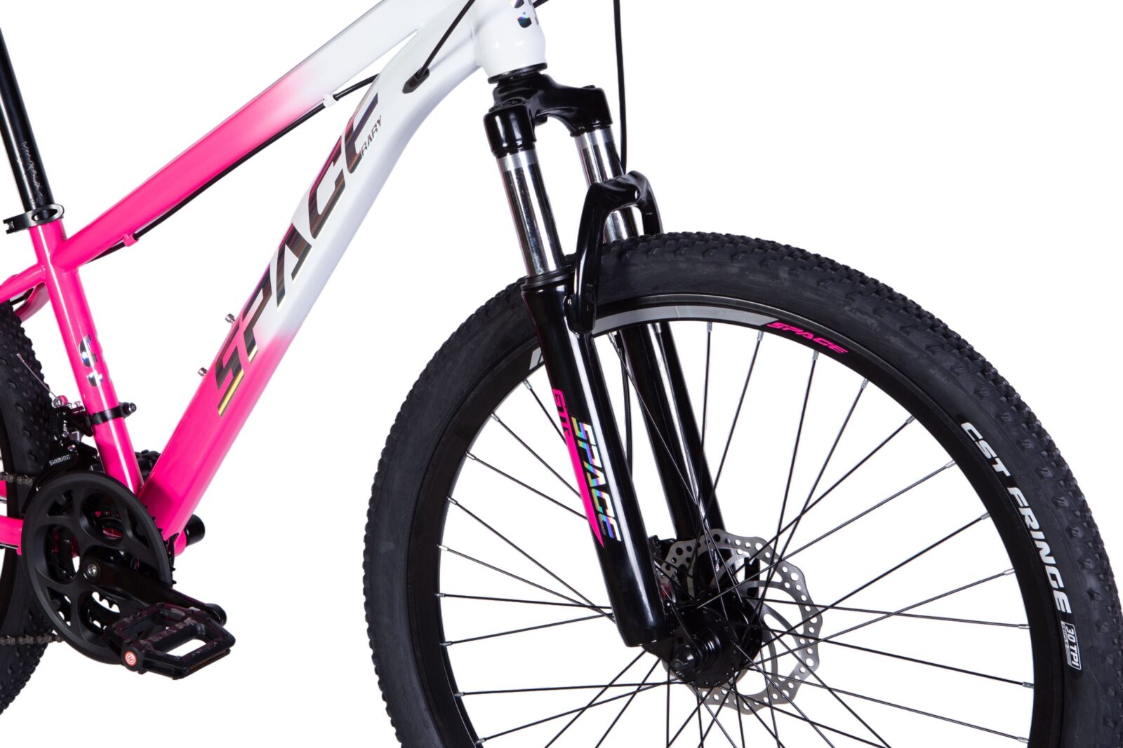 Bicicletă roz pentru munte, cadru și roți mari.