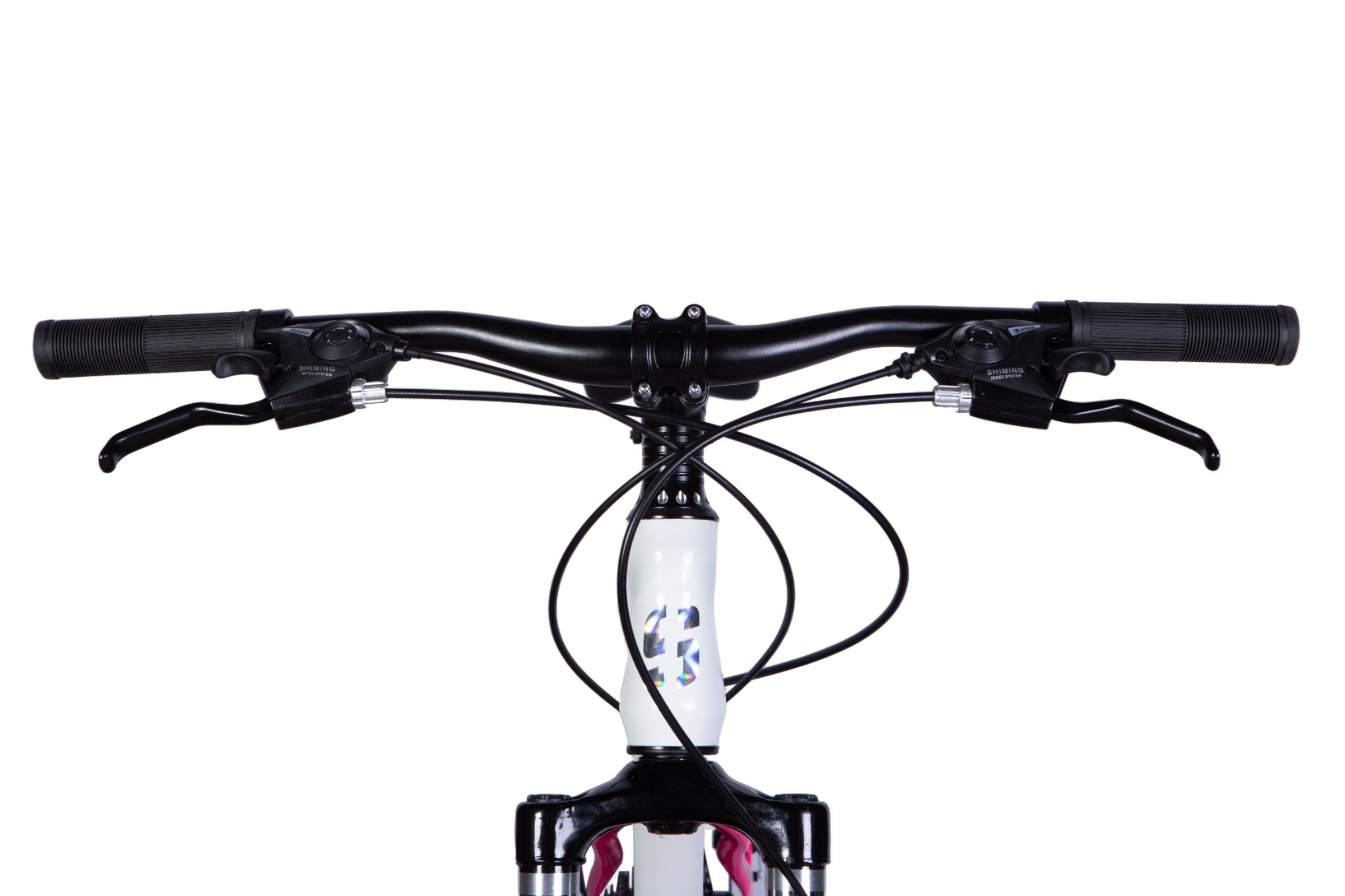 Ghidon bicicleta cu manere negre si cabluri vizibile.