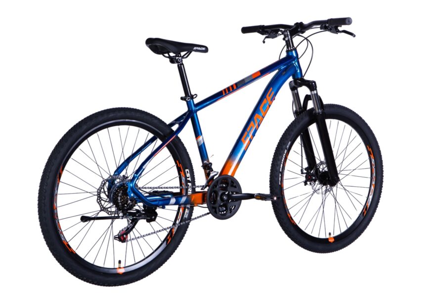 Bicicletă montană cu cadru albastru și portocaliu