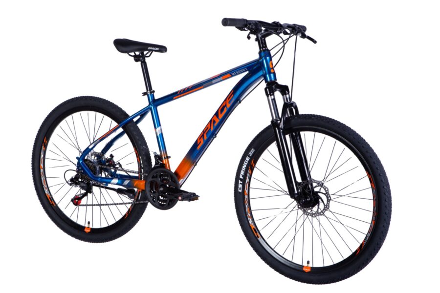 Biciclă montană cu cadru albastru și portocaliu