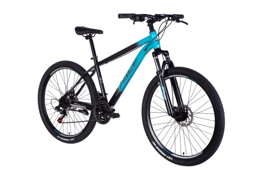 Bicicletă mountain bike, cadru negru și albastru.