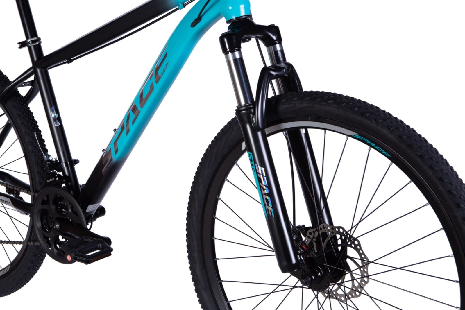 Bicicletă mountain bike cu furcă neagră și albastră