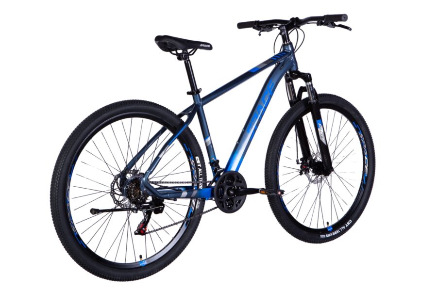 Bicicletă mountain bike albastră, design modern.