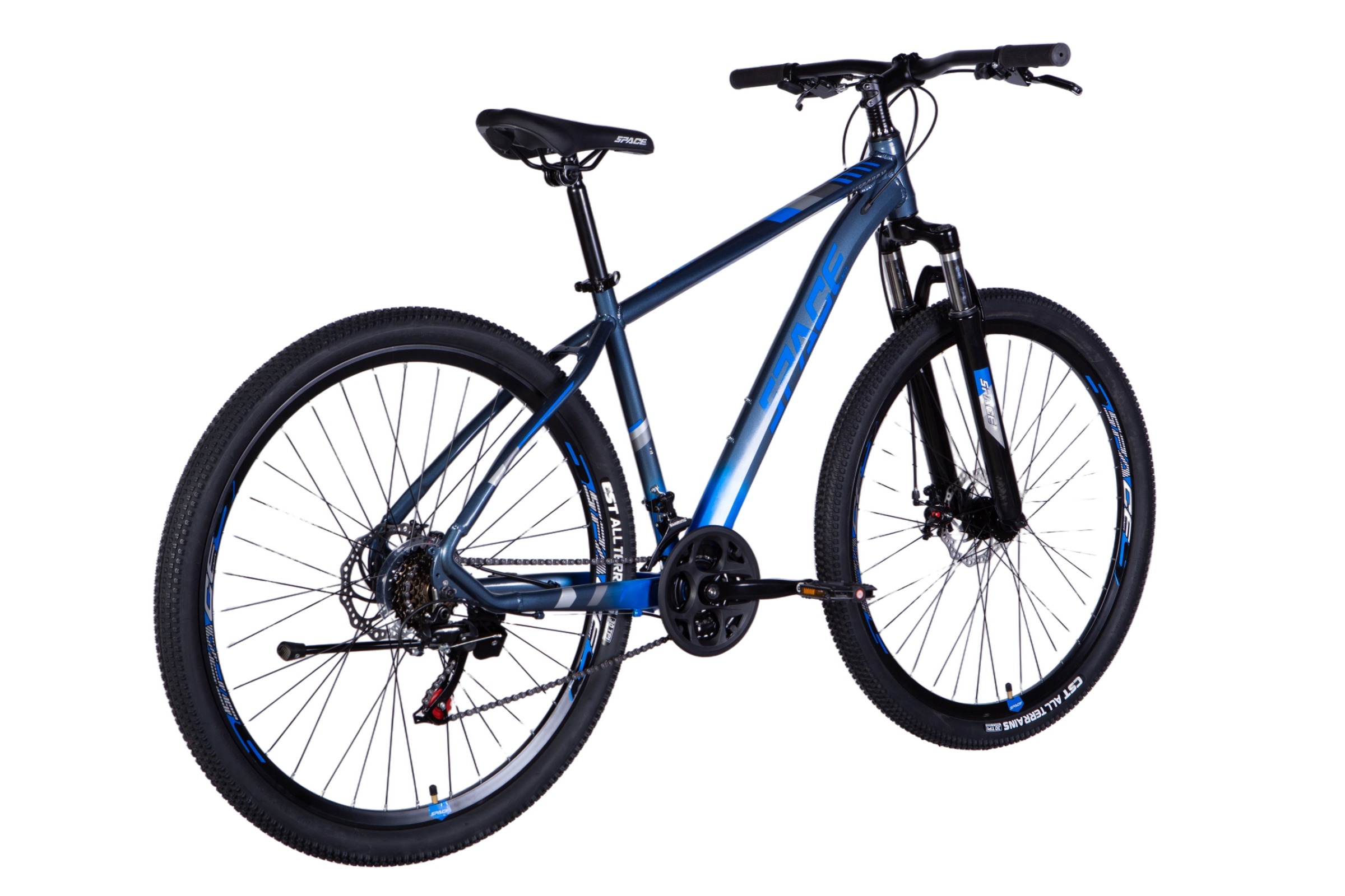 Bicicletă montană albastră modernă pe fundal alb.