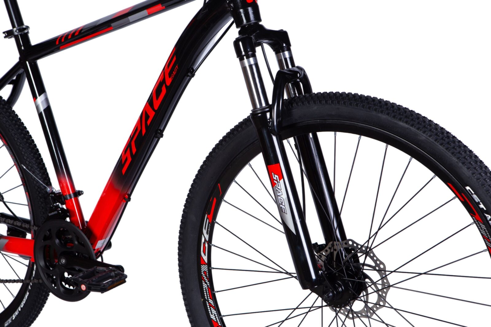 Bicicletă mountain bike roșie și neagră