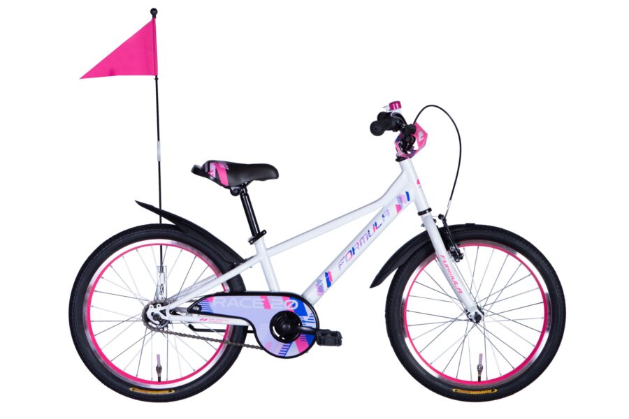 Bicicletă albă cu detalii roz și steguleț.