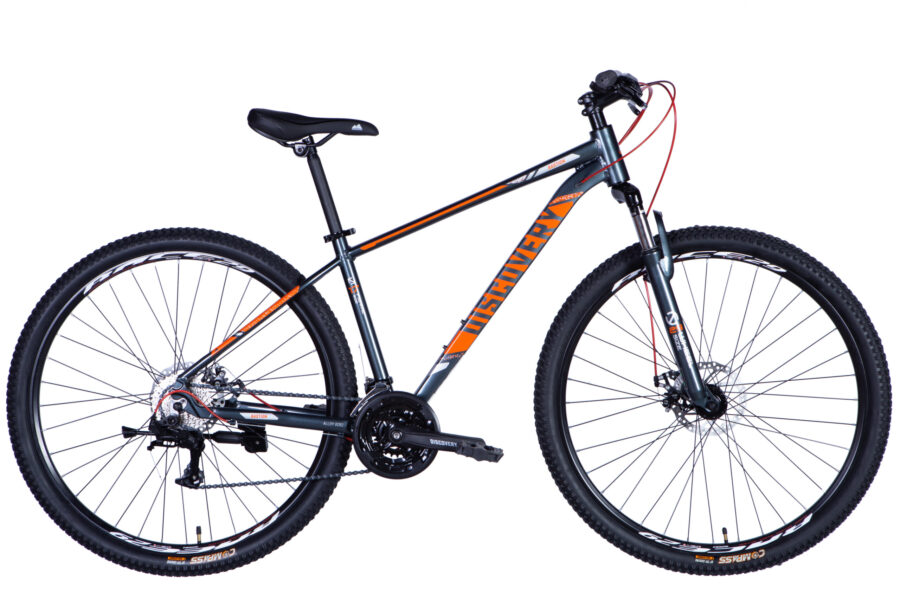 Bicicletă montană cu cadru gri și portocaliu