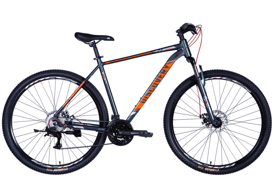 Bicicletă montană cu cadru gri și detalii portocalii