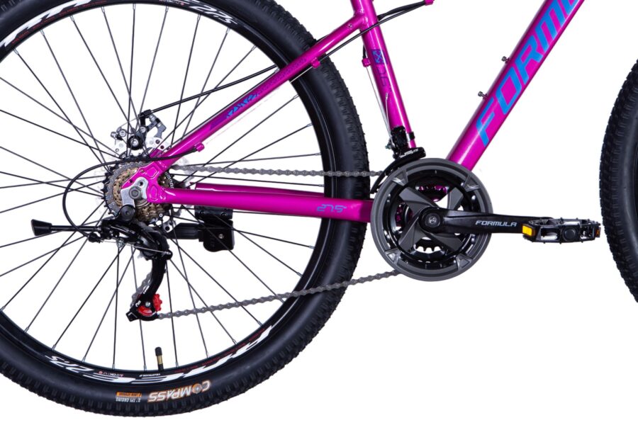 Bicicletă mountain bike roz, detalii ale cadrului.