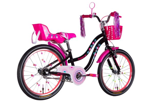 Bicicletă roz pentru copii cu scaun și coș.