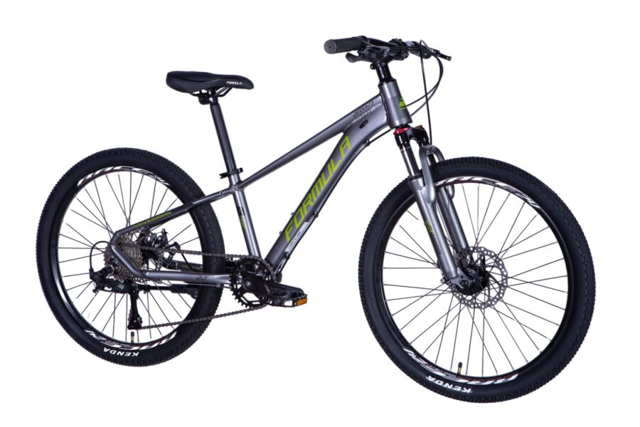 Bicicletă mountain bike cu cadru argintiu.