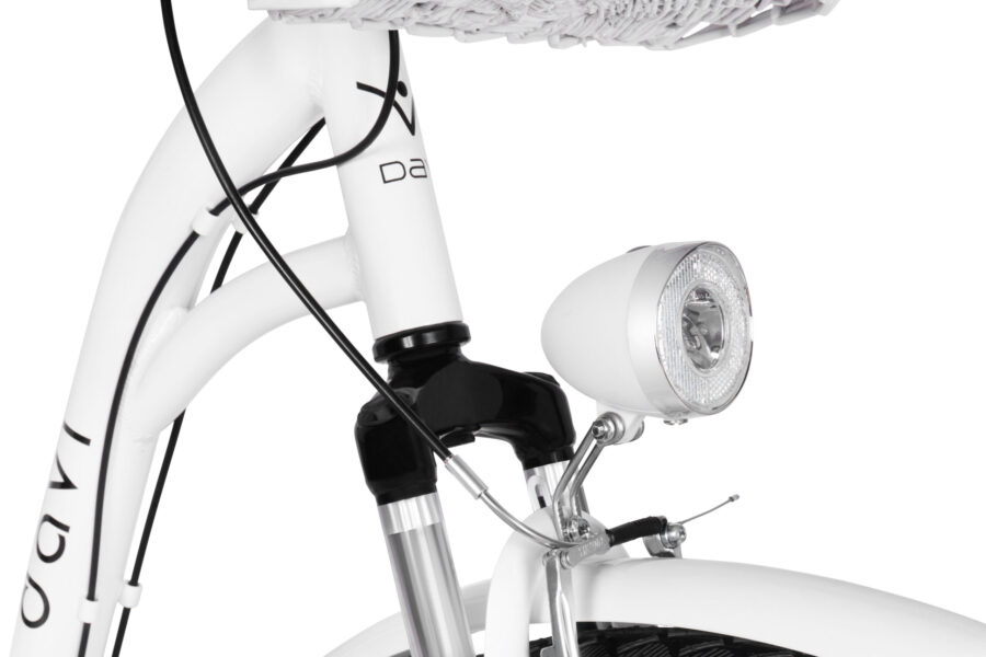 Detaliu bicicletă albă cu far
