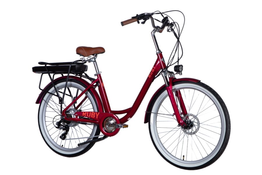 Bicicletă electrică Ruby de culoare roșie.