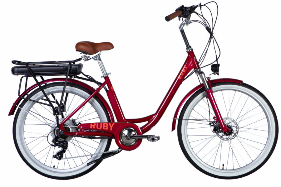 Bicicletă electrică roșie RUBY cu cadru confortabil.
