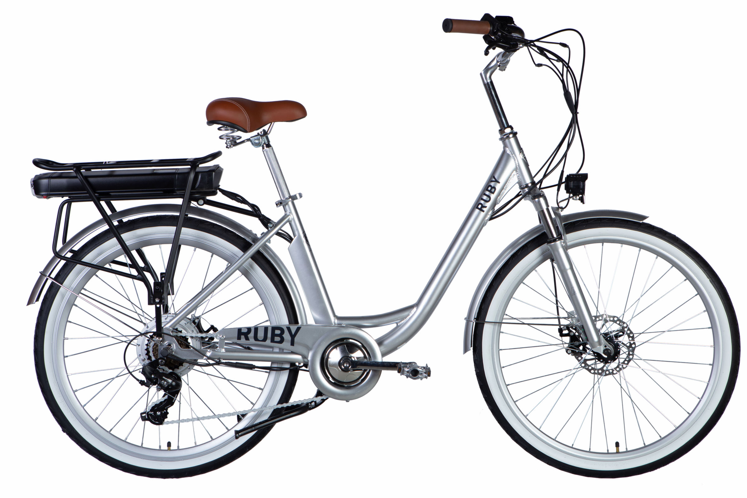 Bicicleta electrică Ruby, Aluminium, 26", 7 viteze, 150-175 cm, 250V, 50 km, Argint