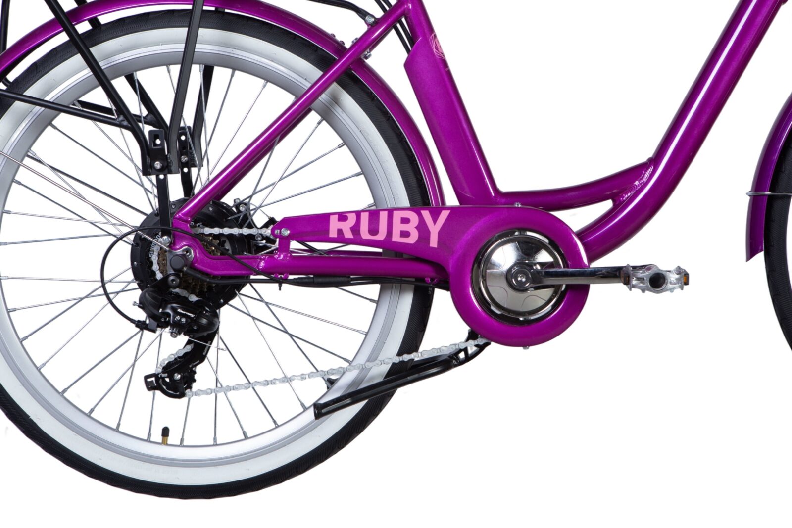 Bicicletă mov Ruby cu roți albe