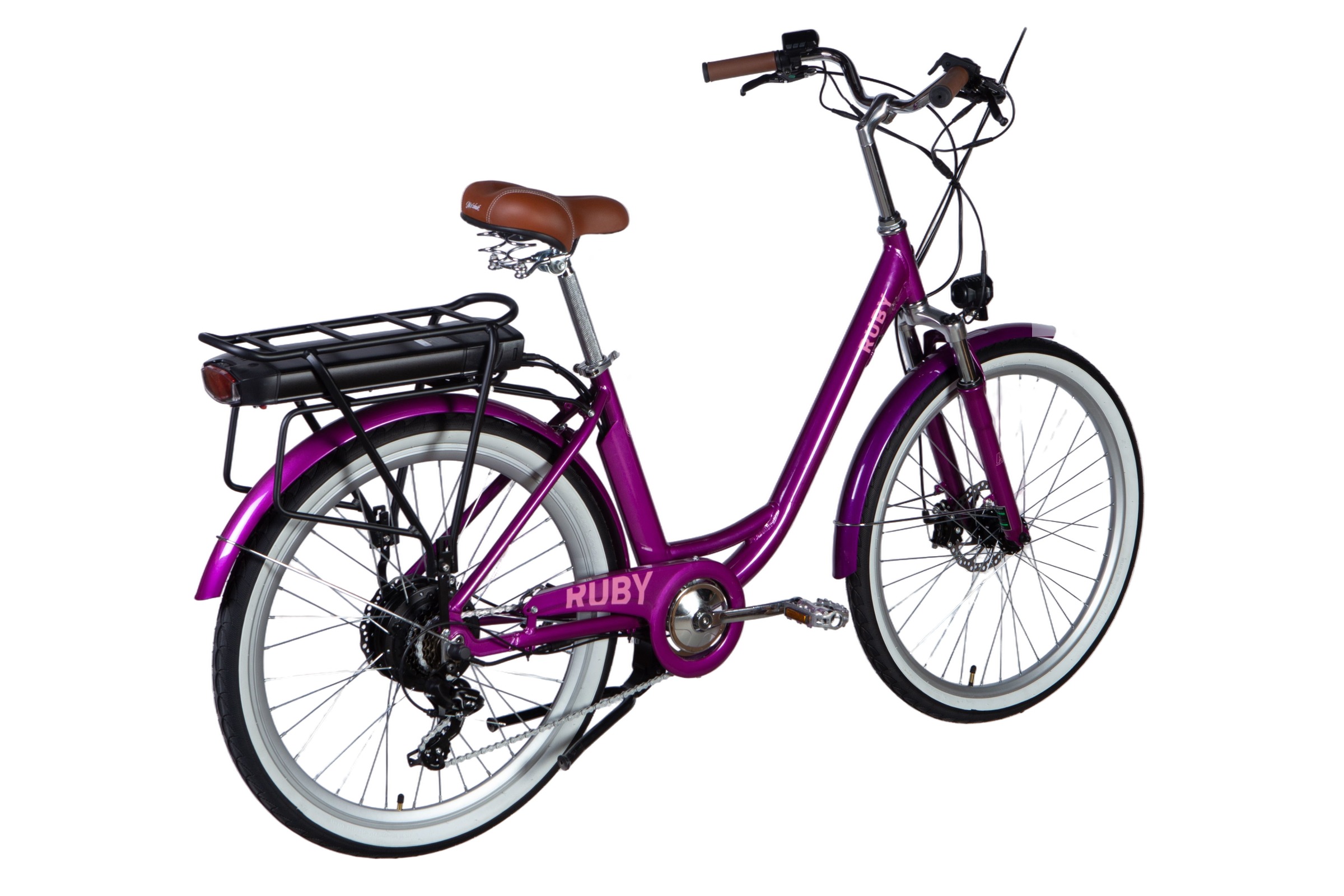 Bicicletă electrică mov cu cadru coborât