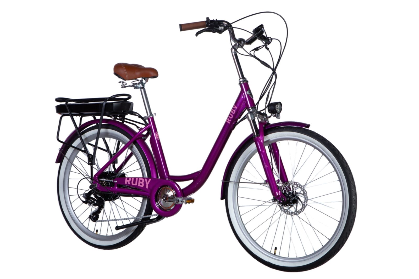 Bicicletă electrică mov Ruby, elegantă și modernă.