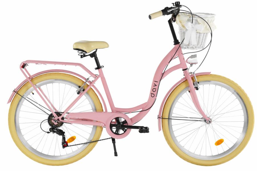 Bicicletă roz cu coș și roți galbene