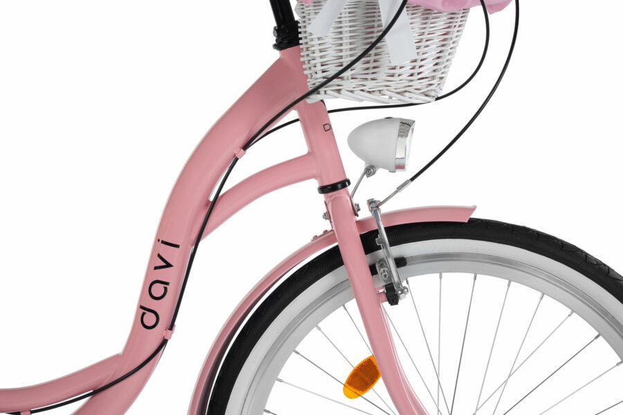 Bicicletă roz cu coș alb și lumină