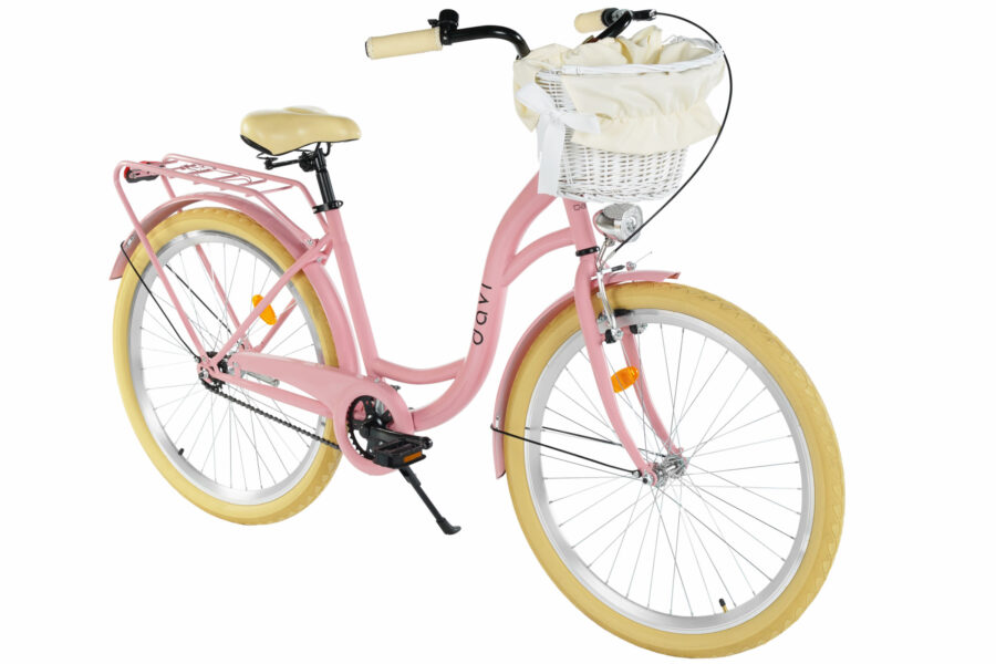 Bicicletă roz cu coș și roți galbene