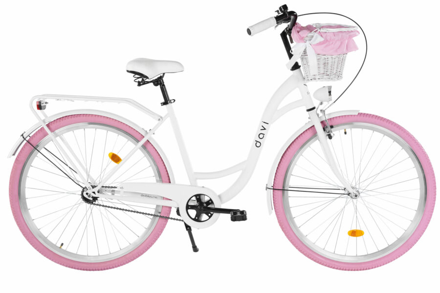 Bicicletă albă cu roți roz și coș.