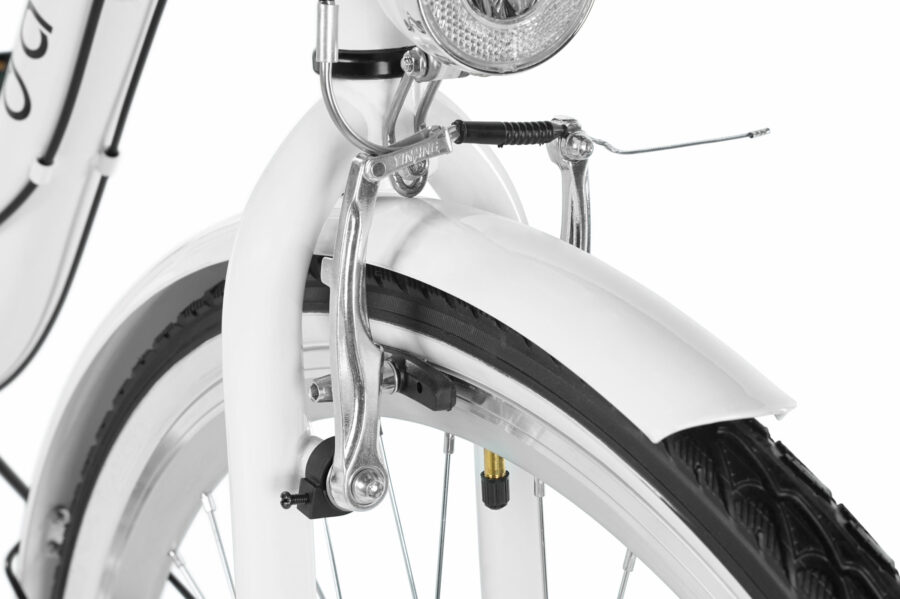 Detaliu al roții unei biciclete albe.