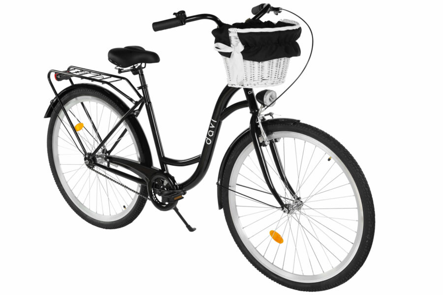 Bicicletă urbană cu coș alb și cadru negru.