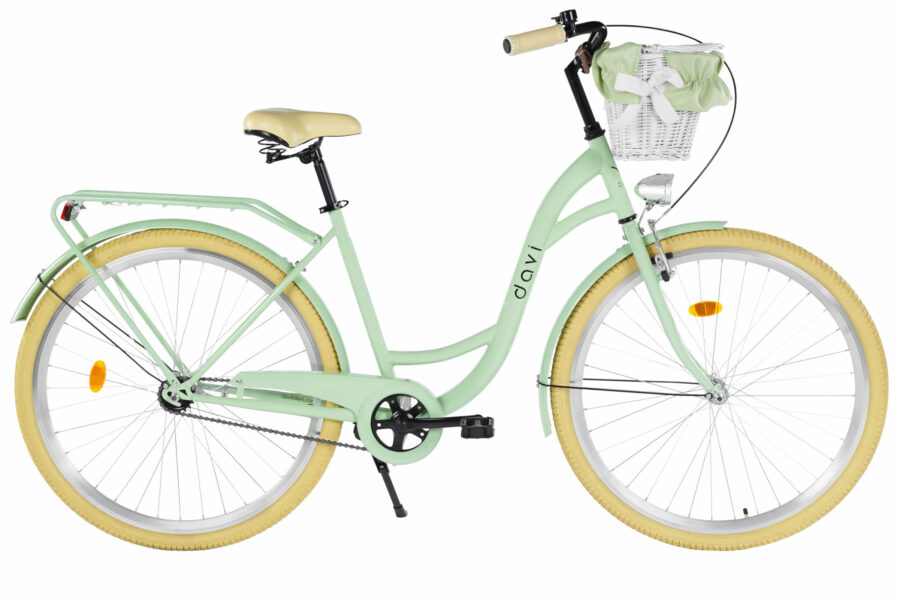 Bicicletă mint green cu coș și cauciucuri galbene.