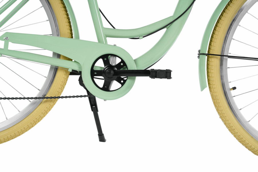 Bicicletă cu cadru mintă și roți galbene