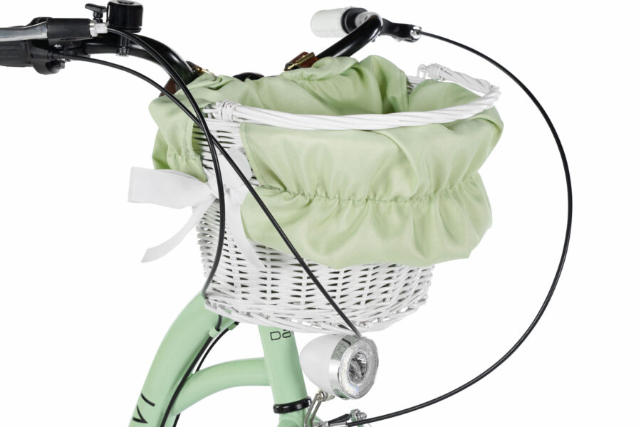 Bicicletă cu coș alb și țesătură verde deschis.