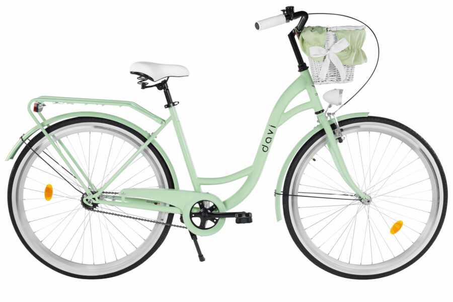 Bicicletă verde deschis cu coș alb