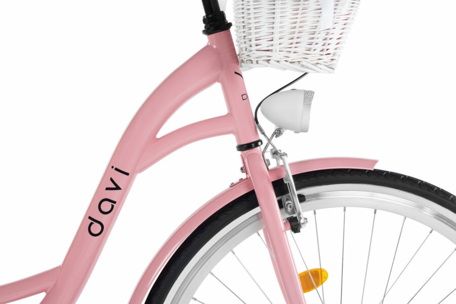 Bicicletă roz cu coș și far