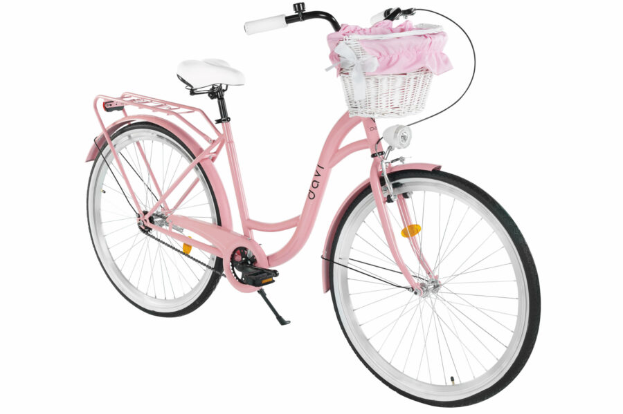 Bicicletă roz cu coș alb și accesoriu elegant.