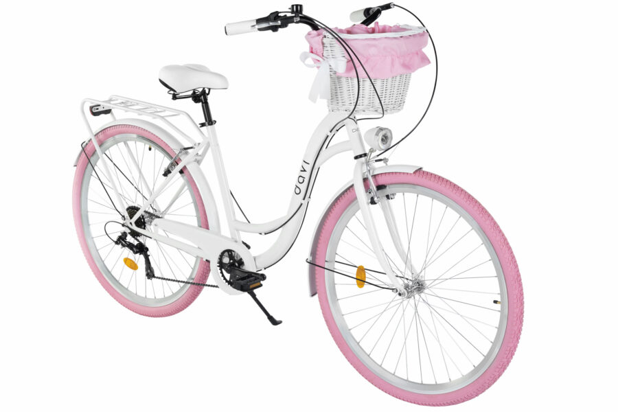 Bicicletă albă cu roti roz și cosuleț