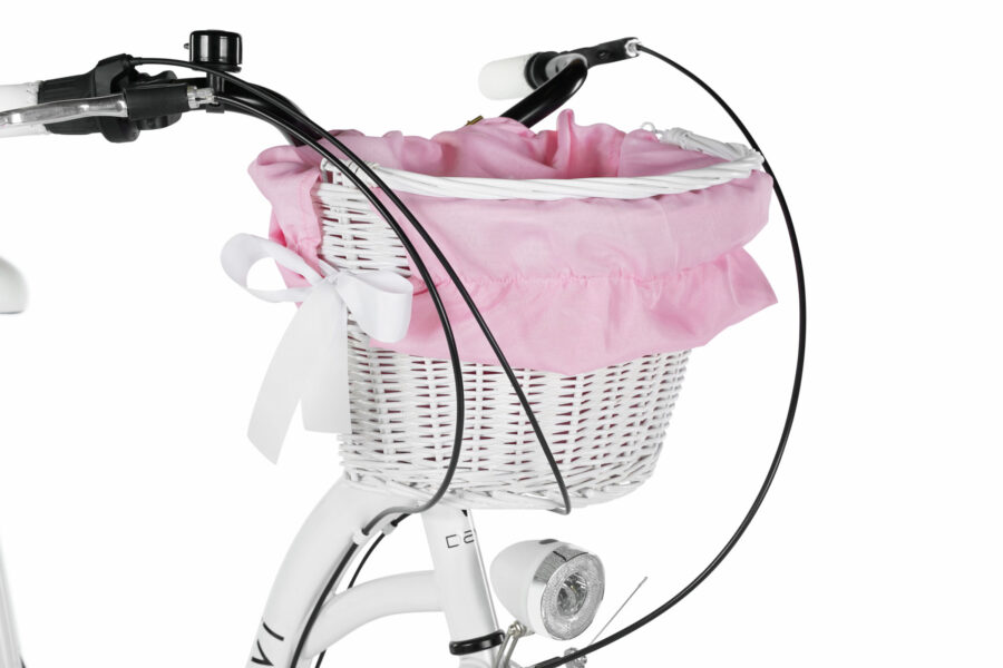 Coș de bicicletă alb cu interior roz