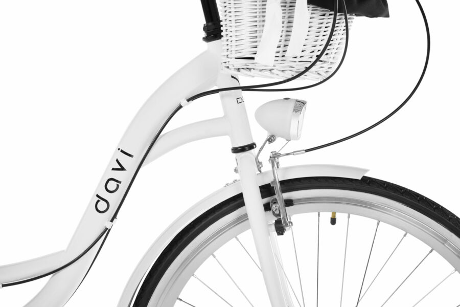 Bicicletă albă cu coș și far