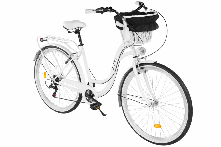 Bicicletă albă cu coș pentru cumpărături.