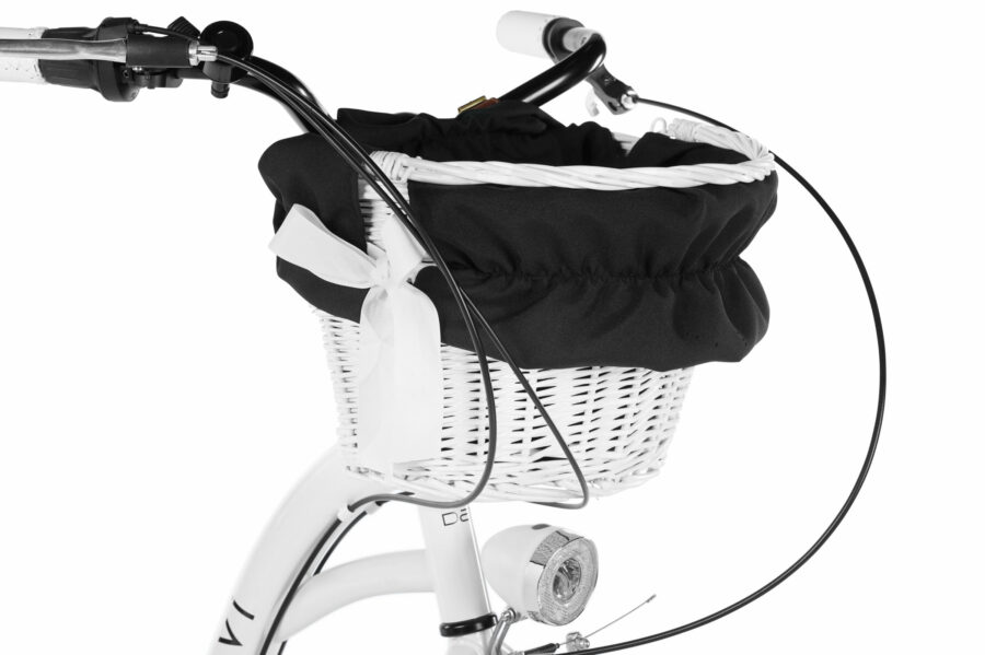 Coș de bicicletă alb cu fundă neagră.
