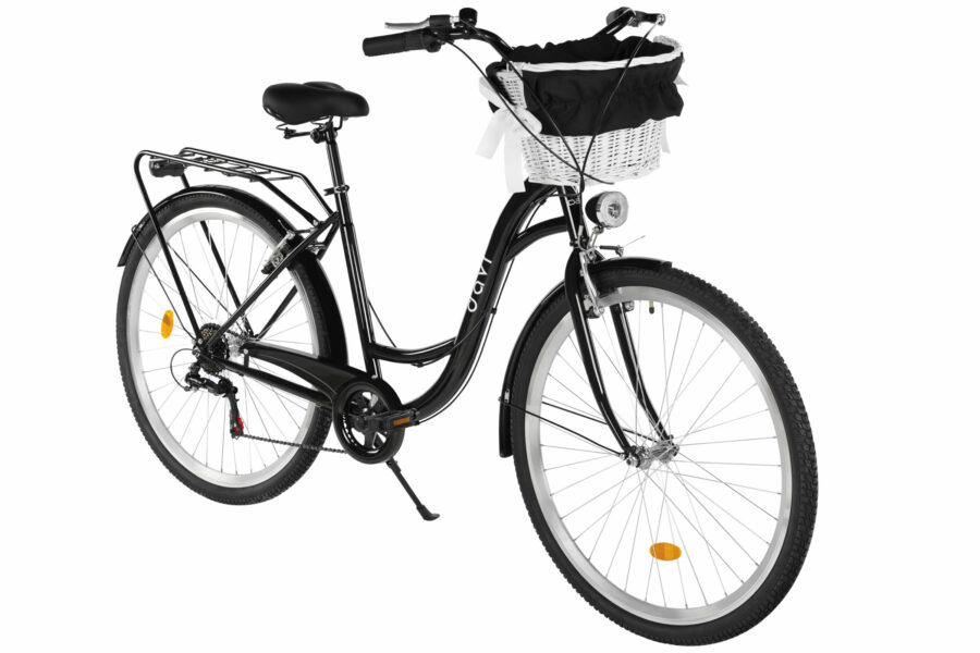 Bicicletă neagră cu coș alb și accesorii