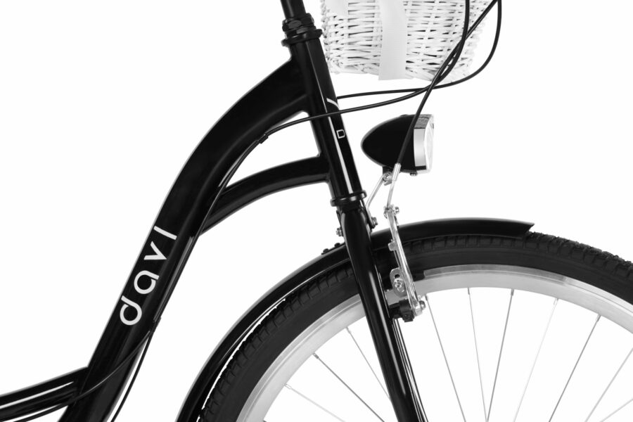 Bicicletă elegantă cu coș alb și far