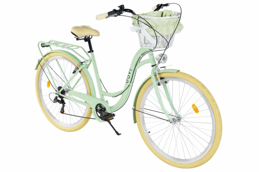 Bicicletă verde mint cu coș pentru accesorii.