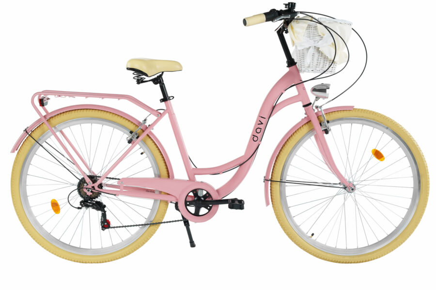 Bicicletă roz cu detalii în alb și roți ușoare