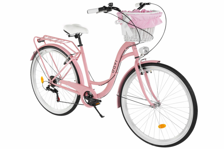 Bicicletă roz cu coș și cadru elegant.