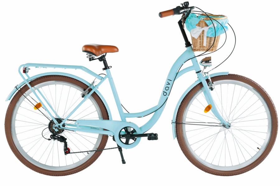 Bicicletă albastră cu coș și roți maro