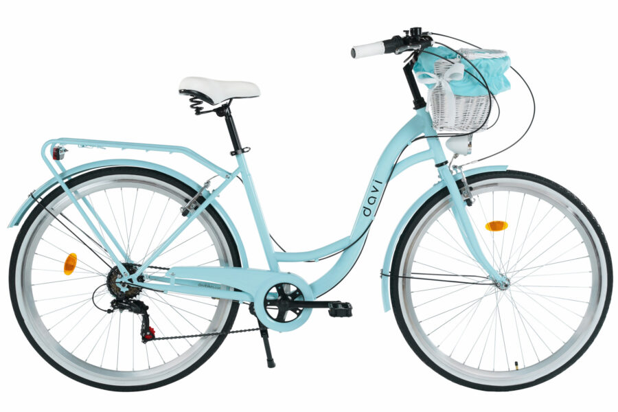 Bicicletă albastră cu coș și design elegant.