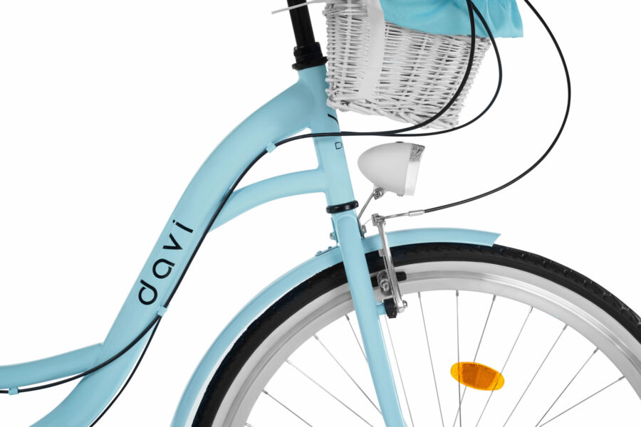 Bicicletă albastră cu coș și far