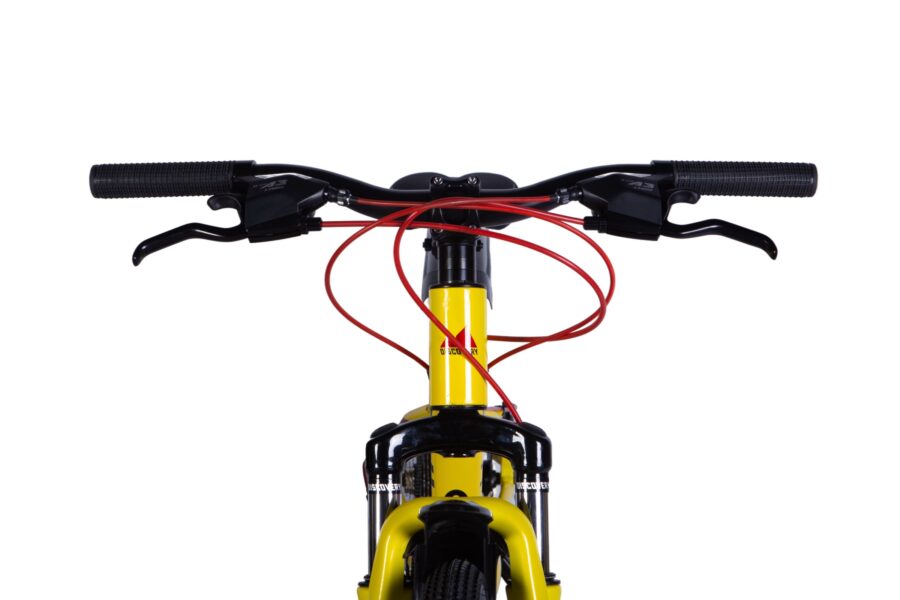 Mânerele unei biciclete galbene cu detalii roșii.